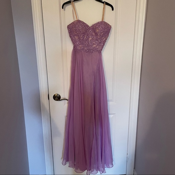La Femme Beaded Lavender Strapless Prom Gown - Picture 3 of 16